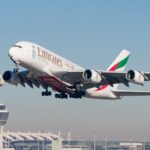 An Emirates Airbus A380-861 A6-EER MUC departing from the at Munich Airport.