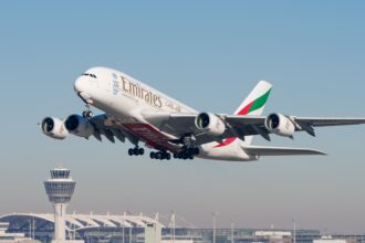 An Emirates Airbus A380-861 A6-EER MUC departing from the at Munich Airport.