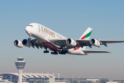 An Emirates Airbus A380-861 A6-EER MUC departing from the at Munich Airport.