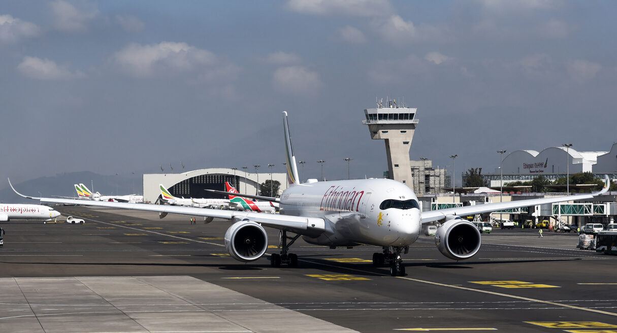 Ethiopian Airlines' Airbus A350 is stationed at a runway