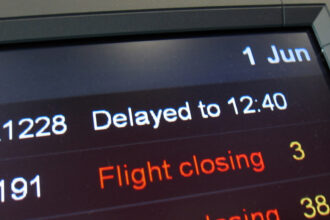 Flight board showing delayed flights in red at the airport