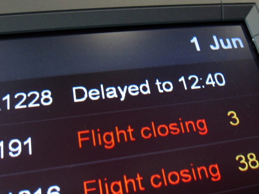 Flight board showing delayed flights in red at the airport