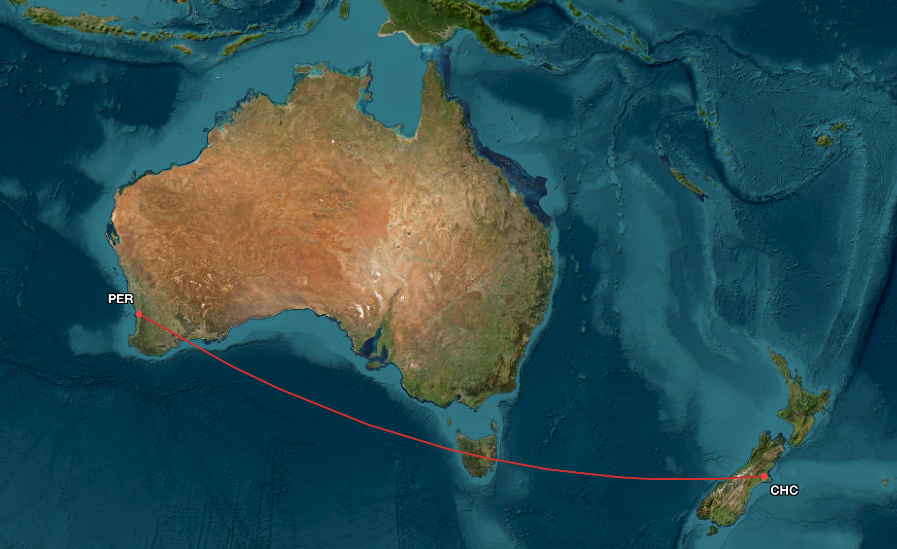 Map showing route from Christchurch to Perth