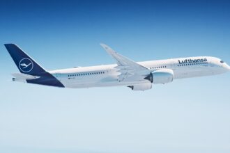 Lufthansa Airbus A350 aircraft flying in the sky