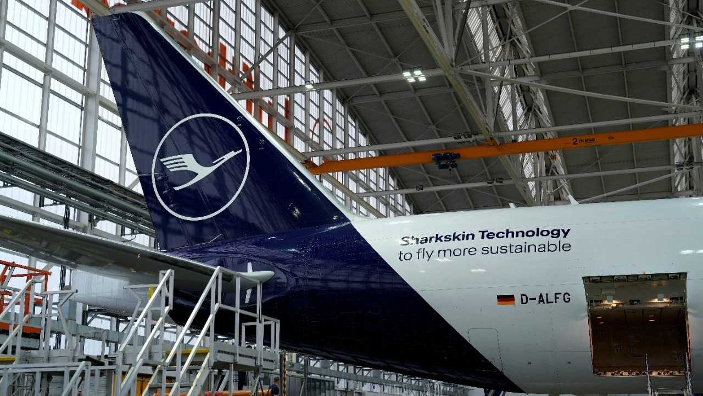 Lufthansa Boeing 777F cargo aircraft with sustainable Sharkskin Technology