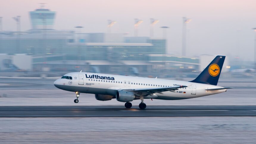 A Lufthansa Airbus A320-211 landing at the Munich Airport.