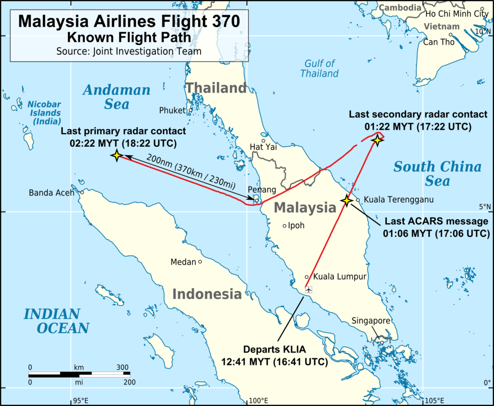 Map showing the flight path of Malaysia Airlines Flight MH370 from Kuala Lumpur into the southern Indian Ocean