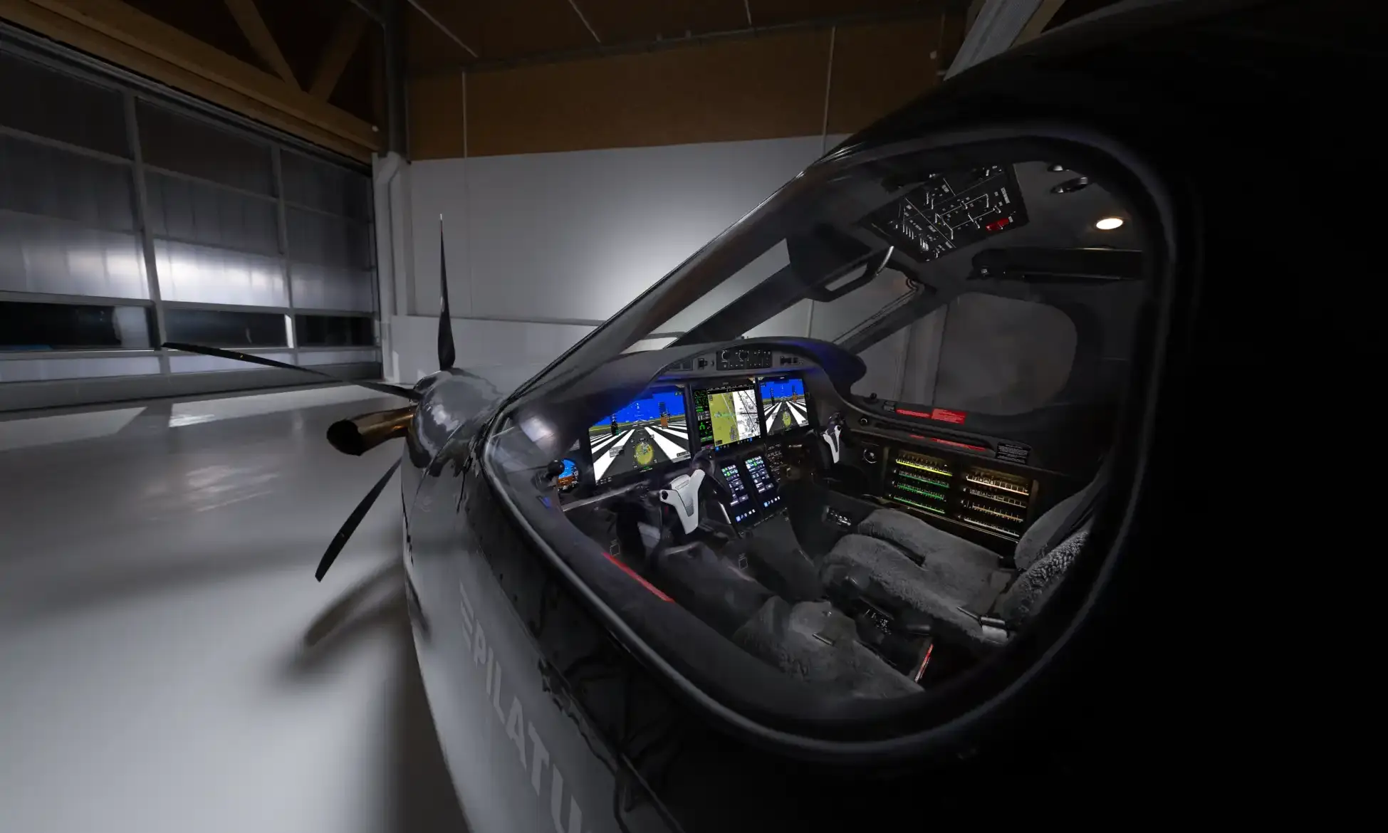 Pilatus PC-12 PRO cockpit exterior, looking in through the window.
