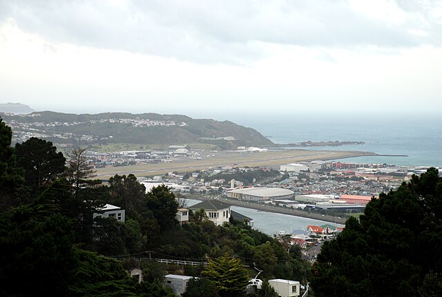 A panoramic view of the runway at Wellington Airport.