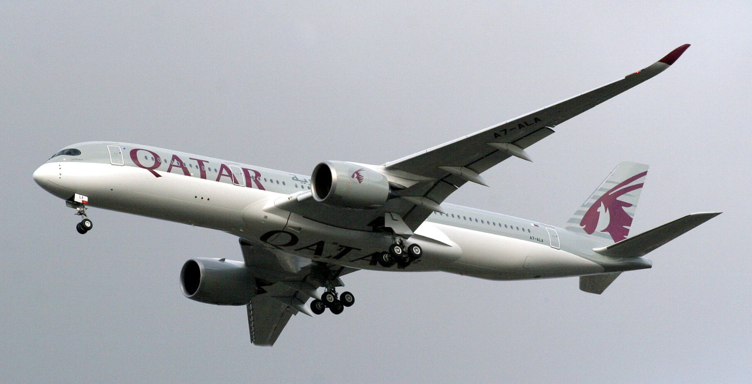 Qatar Airways' aircraft flying at altitude with a view of the exterior of the entire aircraft.