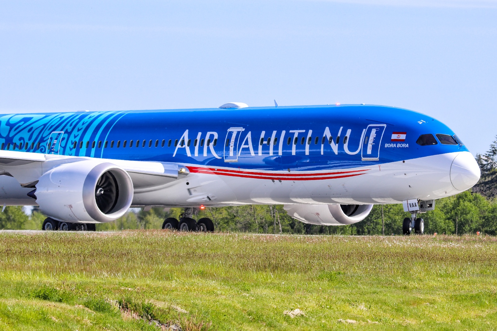 Air Tahiti Nui B787-9 parked on the grass, in front of a blue sky