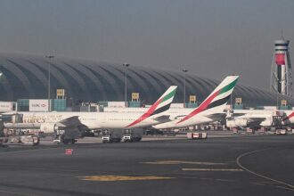 planes lined up at Dubai airport