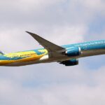 Vietnam Airlines Boeing 787 9 Dreamliner taking of at Frankfurt Airport on cloudy sky
