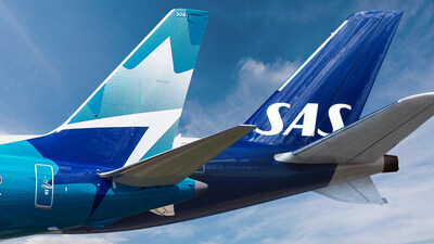 An image of the tails of two airline aircraft, WestJet and SAS