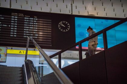 Image of traveller in airport terminal, taken on the 9th of August 2021.