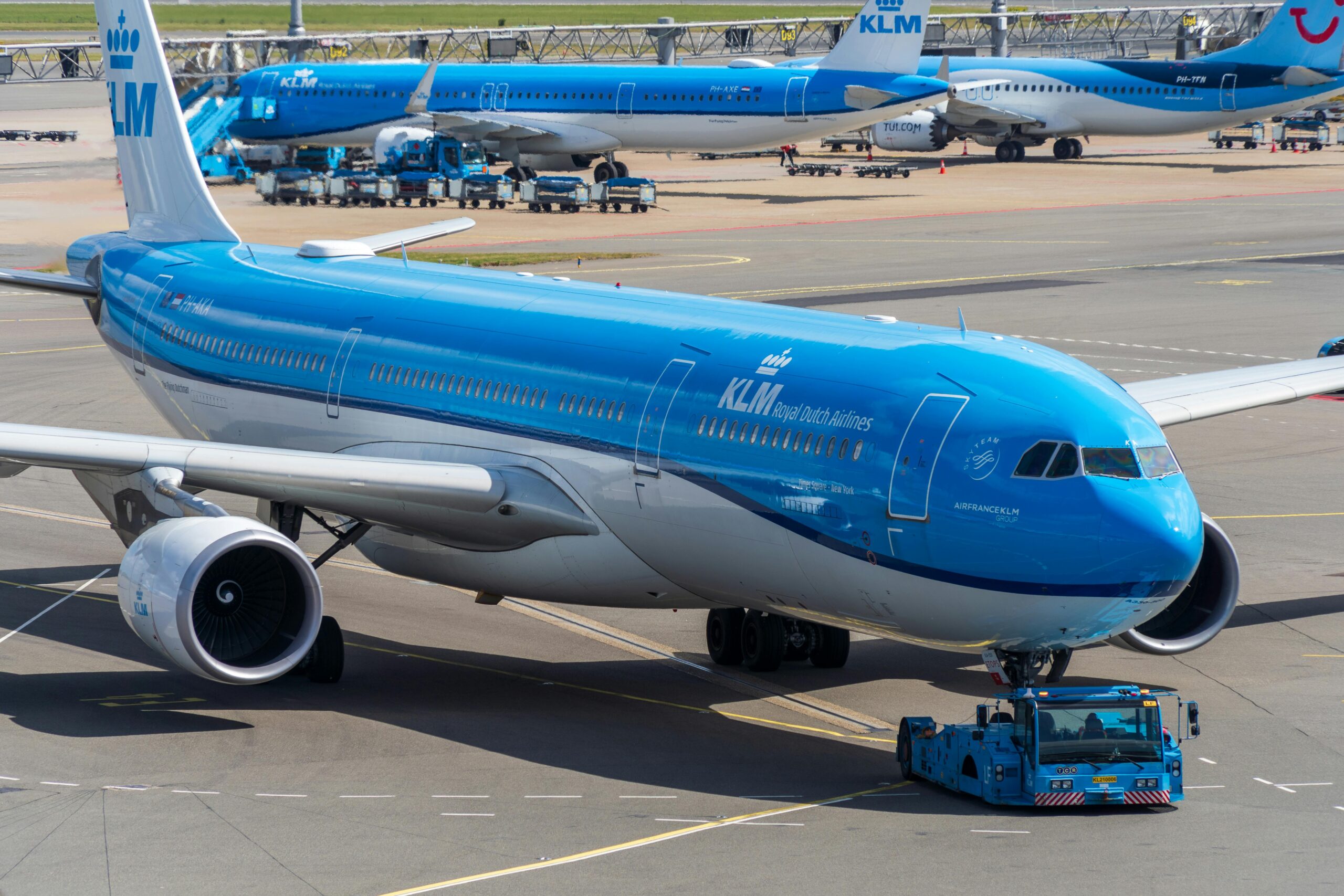 A large blue KLM Airbus sitting at an airport
