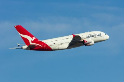Qantas Airbus A380 takes off from Sydney Airport