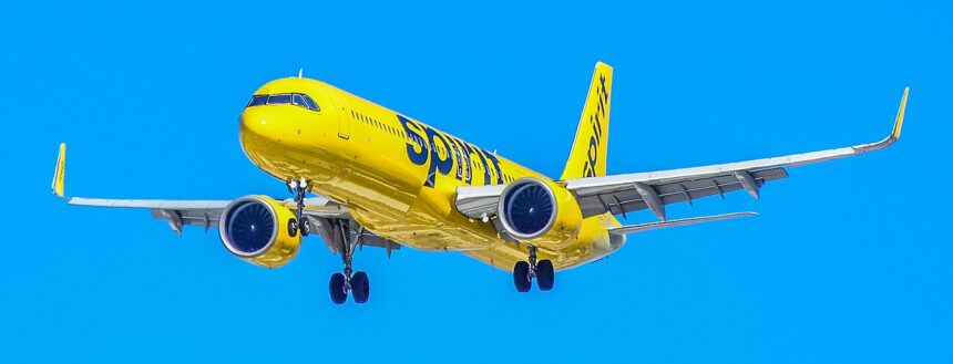 Spirit Airlines A321 flying under a blue sky. Yellow livery.