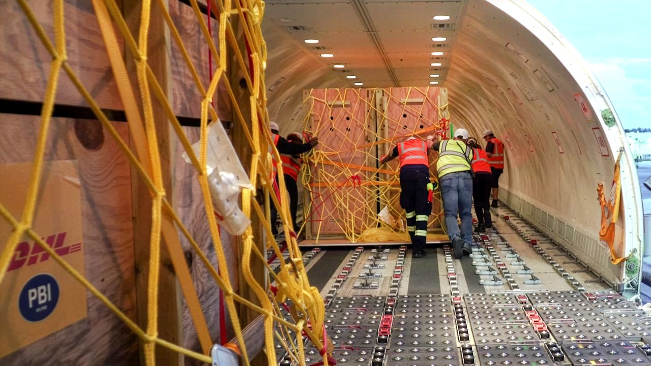 Cargo being transferred to a DHL cargo aircraft