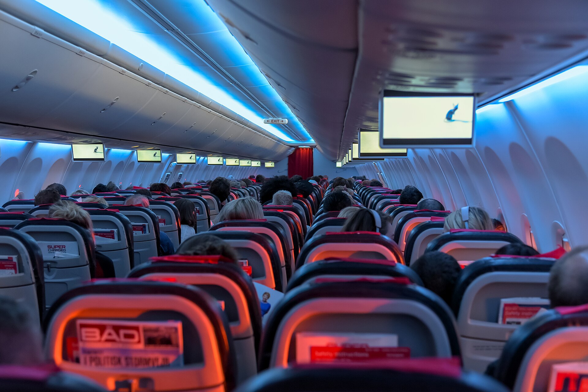 The inside of an aircraft cabin from the right back of the plane looking forward. The back of the seats are light grey, and the lighting is quite low with a bluish and pinkish tinge. 