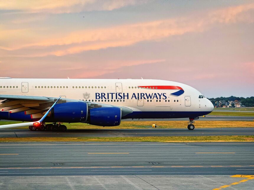 The front section of a British Airways plane on an airport taxiway against a pink and blue sky. The ground the plan is upon is dark grey concrete with yellow markings. The British Airways branding can be seen on the side of the plane's white body, and the engines are blue.