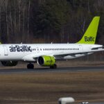 AirBaltic CS300 lands at Estocolmo-Arlanda airport.