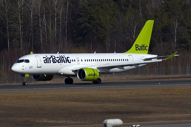 AirBaltic CS300 lands at Estocolmo-Arlanda airport.