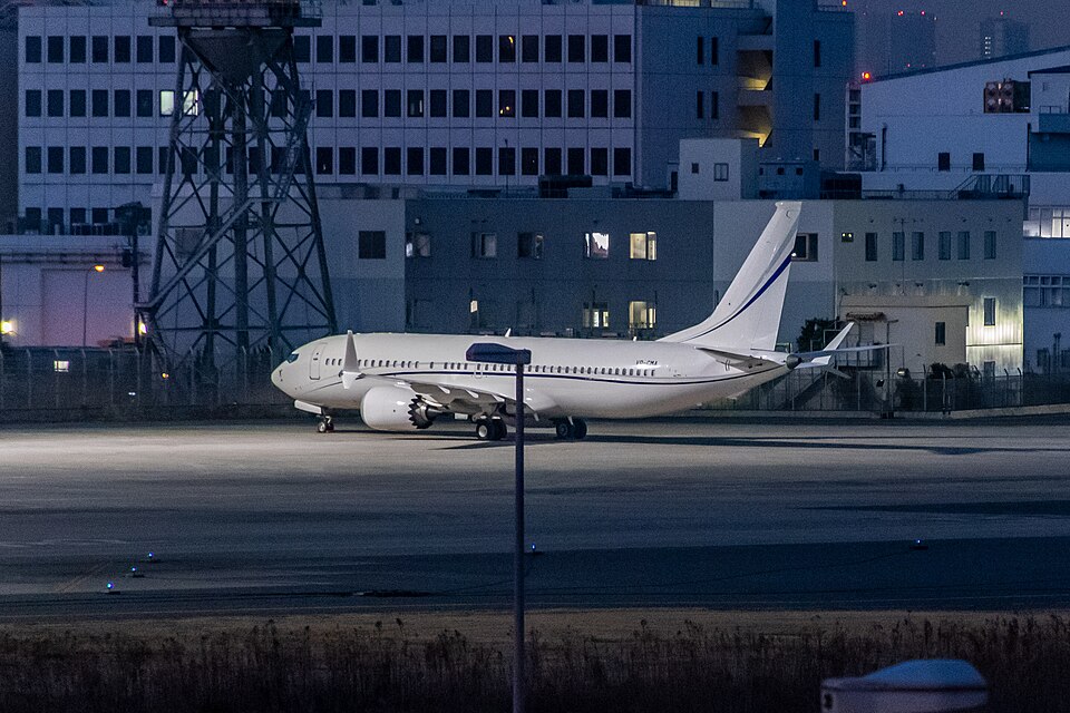 Boeing 737-8 MAX Business Jet (VP-CMA) taxiing at Tokyo Haneda Airport.