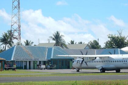 Funafuti International Airport (IATA: FUN, ICAO: NGFU) in Tuvalu. A Fiji Link aircraft is visible on the runway.