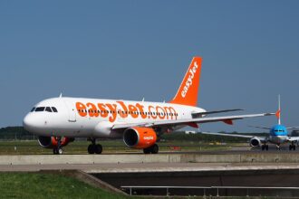 An easyJet Airbus A319 taxis on the runway in this aviation image, highlighting the UK low-cost carrier’s operations and fleet at a European airport.