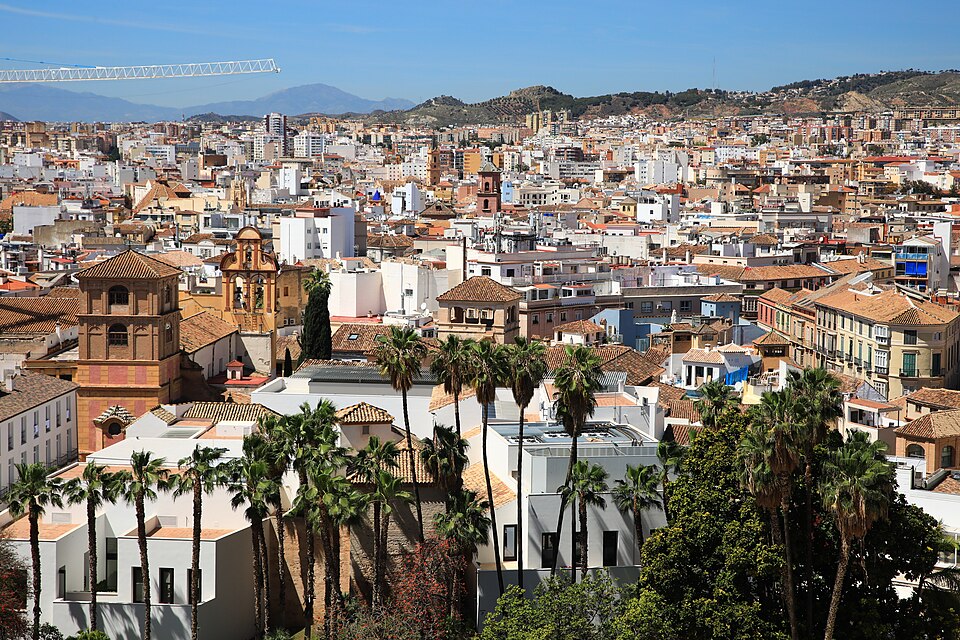 View of Malaga from Alcazaba. Blue sky in the background, trees in the foreground, buildings in between.