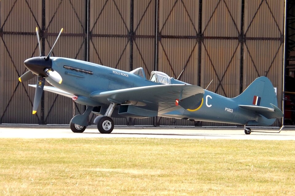 The Supermarine Spitfire PR Mk XIX, specifically the airframe with serial number PS853, which is part of the Rolls-Royce Heritage Flight.