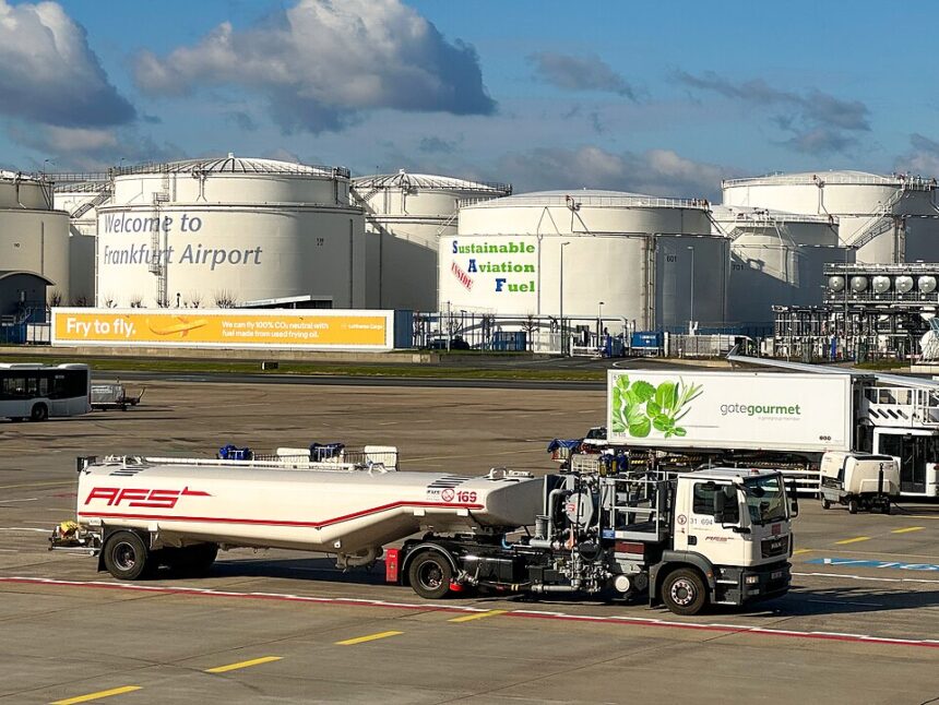 Sustainabl Aviation Fuel Advertisement at Frankfurt airport in 2023.