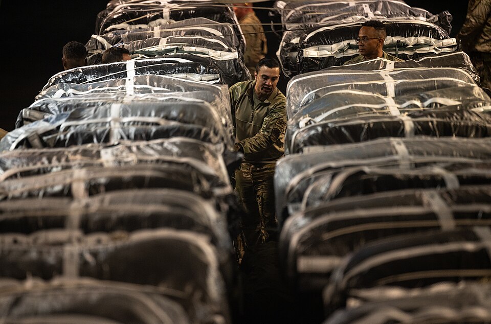 66 Pallettes of humanitarian aid to Gaza, in 2024, during the Palastine and Israel Conflict.