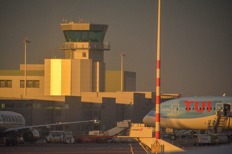  Bristol Airport with ground vehicles and control tower