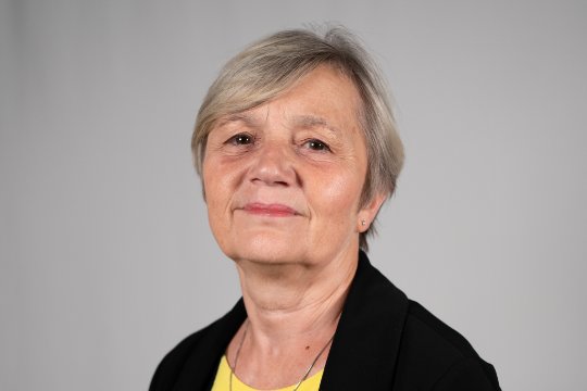An image of Deputy Mary Le Hegarat. She is in front of a grey background, wearing a black blazer. She is a middle-aged lady with short grey hair. She is slightly smiling with her mouth closed. 