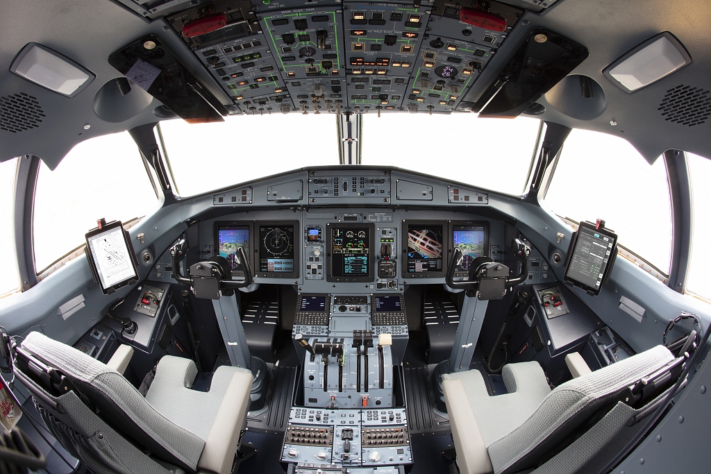 This image shows the state-of-the-art glass cockpit of an ATR 72-600 regional turboprop aircraft.