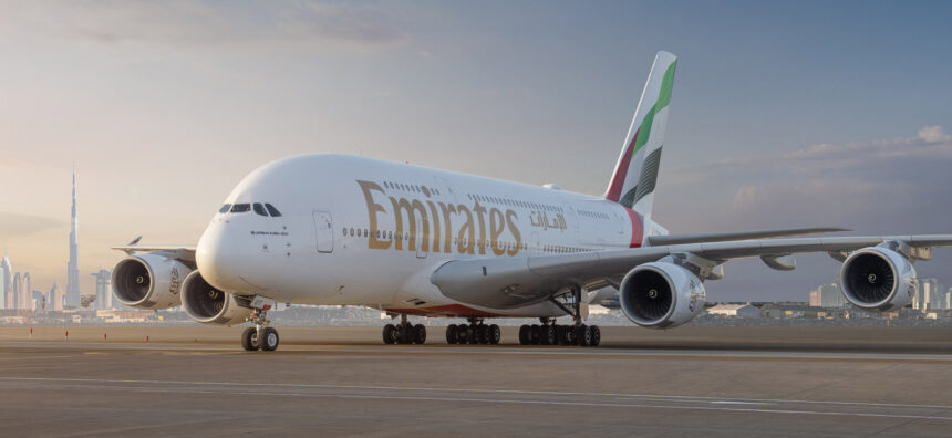 Front side of Emirates Airbus A380 aircraft against the backdrop of Dubai