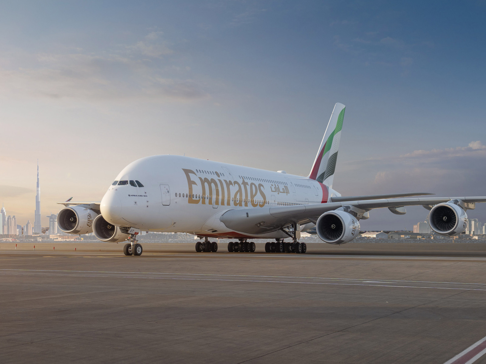 Front side of Emirates Airbus A380 aircraft against the backdrop of Dubai