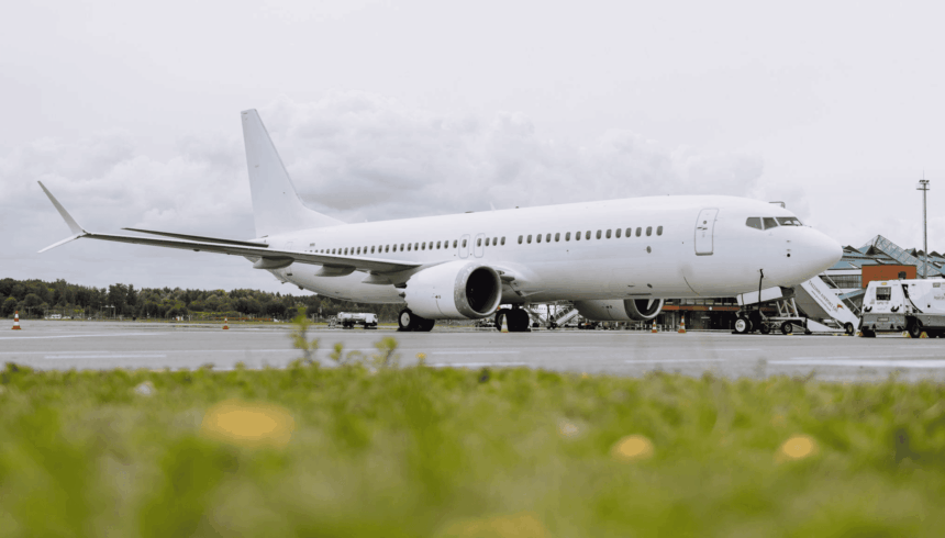 Side view of a white, unbranded narrow‑body passenger aircraft parked on an airport apron, photographed from a low angle across a strip of green grass in the foreground. The aircraft’s fuselage, wings and tail are clean and undecorated, with engines mounted beneath the wings and the landing gear resting on the concrete surface. Ground service equipment and mobile stairs are positioned near the forward section, while low airport buildings and trees sit in the background. The scene is lit by soft daylight under a grey, cloud‑filled sky, giving the image a muted, industrial atmosphere.