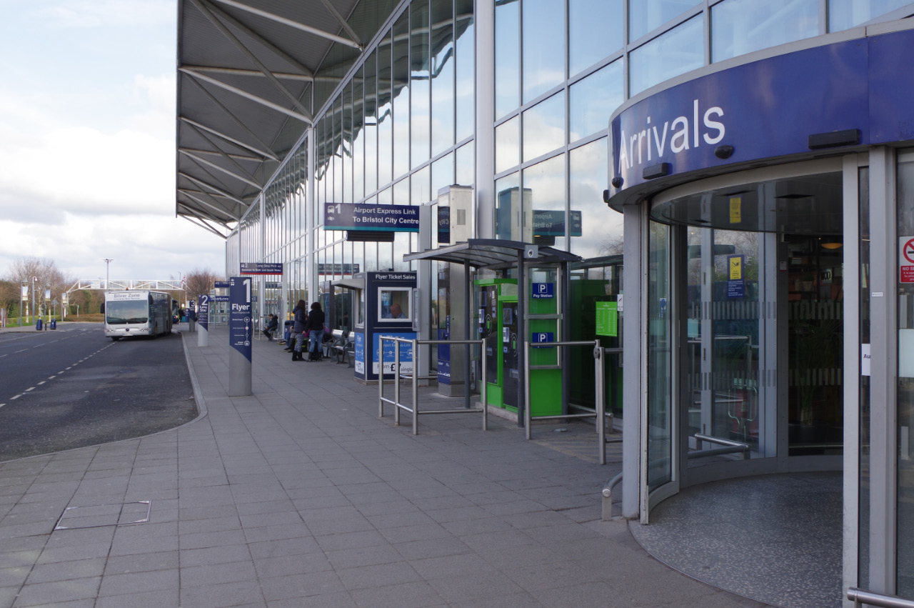 Bristol Airport exterior showing the outside entrance and bus stop.