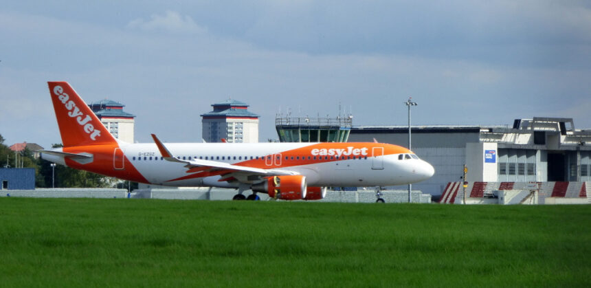 EasyJet aircraft after landing at Glasgow Airport behind grass and under a grey sky