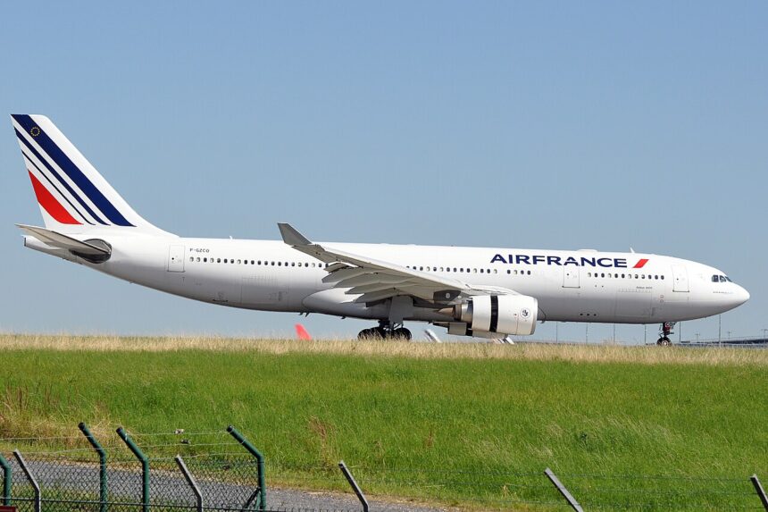 Air France aircraft between green grass and clear blue skies, on the ground.