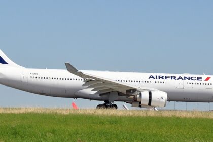 Air France aircraft between green grass and clear blue skies, on the ground.