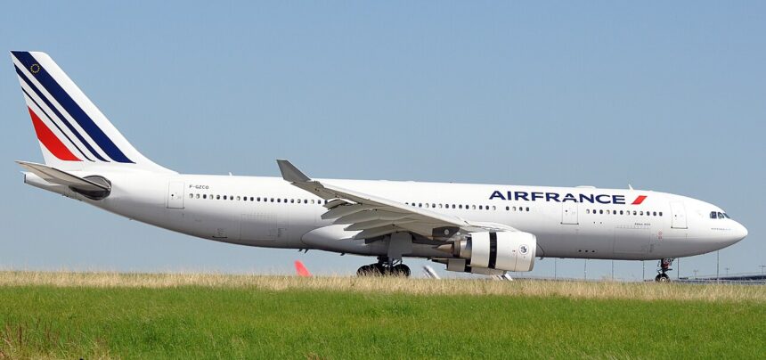 Air France aircraft between green grass and clear blue skies, on the ground.