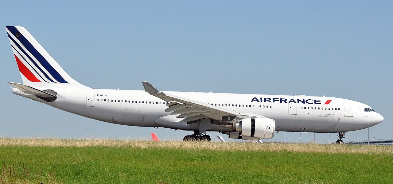 Air France aircraft between green grass and clear blue skies, on the ground.