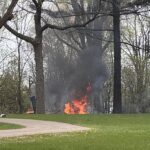 A field with trees and a path on the left side. In the middle there's a fire where the crash occurred, black smoke up in the air above.