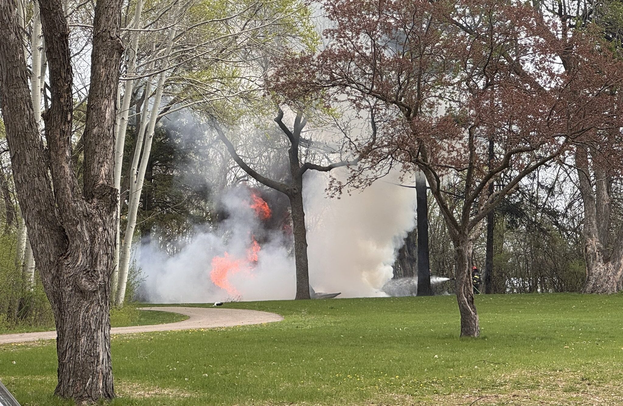 Field with trees, in the background, there's smoke on the floor and a fire starting where the plane crashed. Firefighter putting it out in the background right.