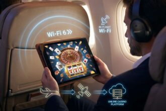 A person playing online casino on a tablet during a flight