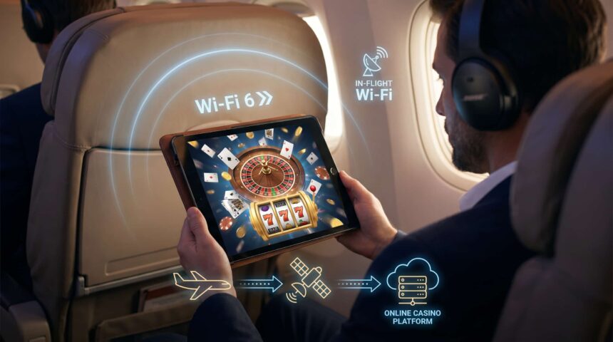 A person playing online casino on a tablet during a flight